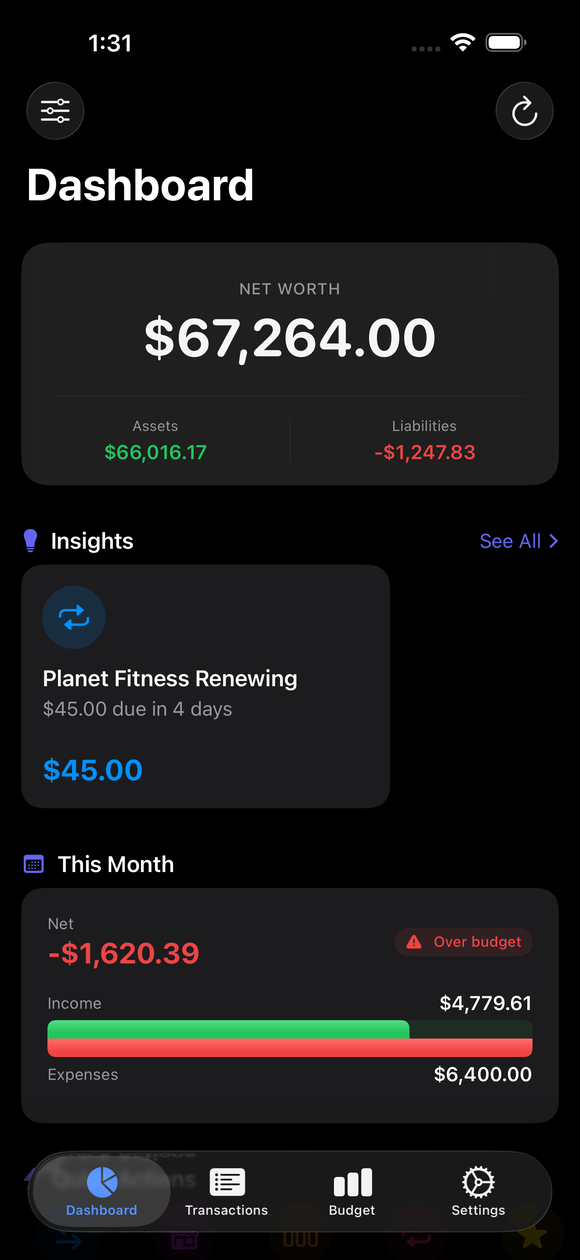 MoneyLoft dashboard showing net worth and spending overview
